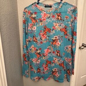 Fashion Express Turquoise Cowboy Horse Floral Mesh Top Long Sleeve Women’s M